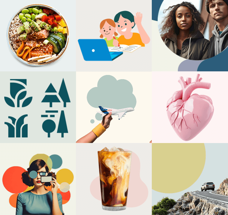 Collage of diverse images, including food, drink, travel.