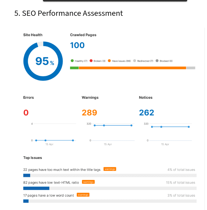 SEO performance assessment with health and issues summary.