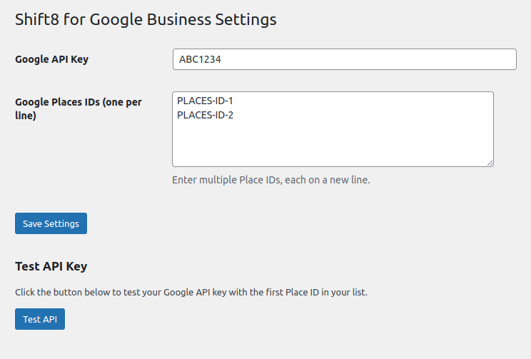 Shift8 Google Business API WordPress plugin settings interface.