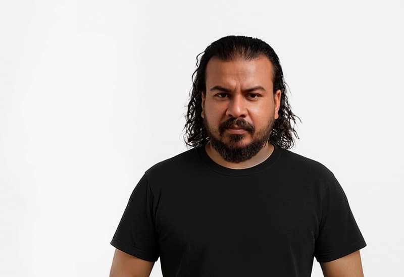 Person in black shirt against white background