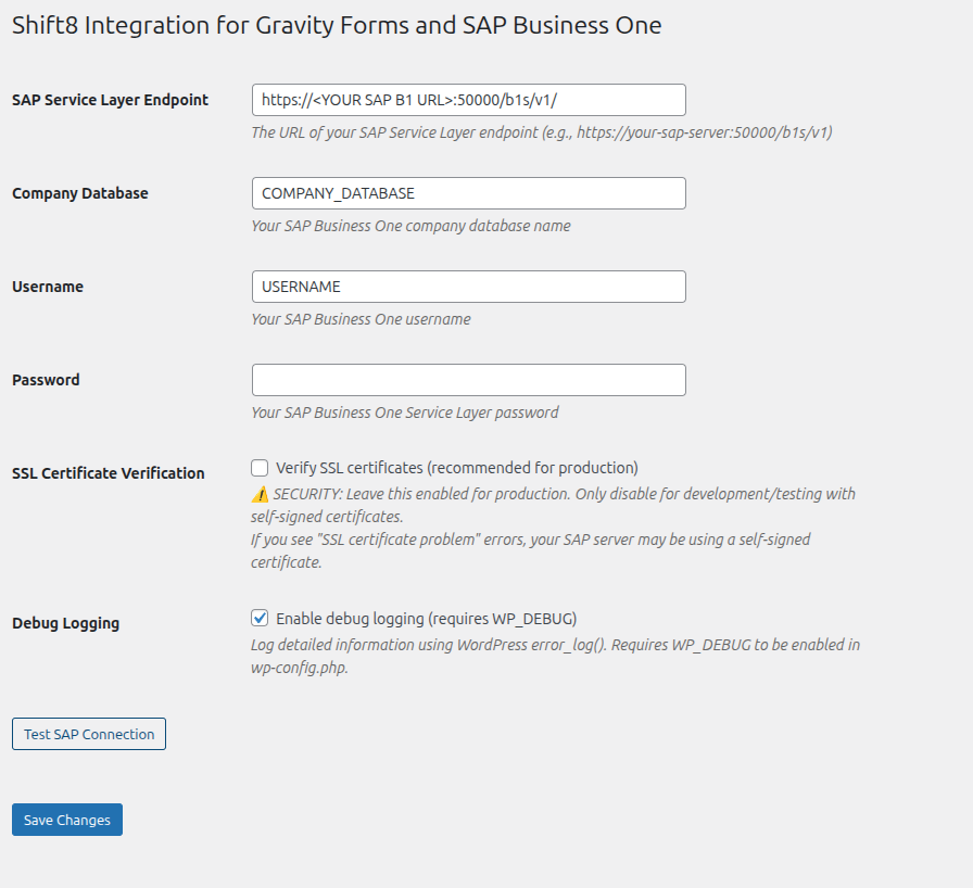 Gravity Forms SAP Business One integration settings page.