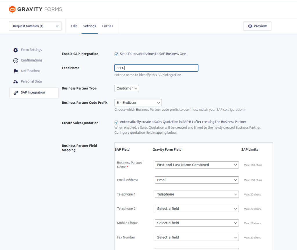 Gravity Forms SAP integration settings screen.