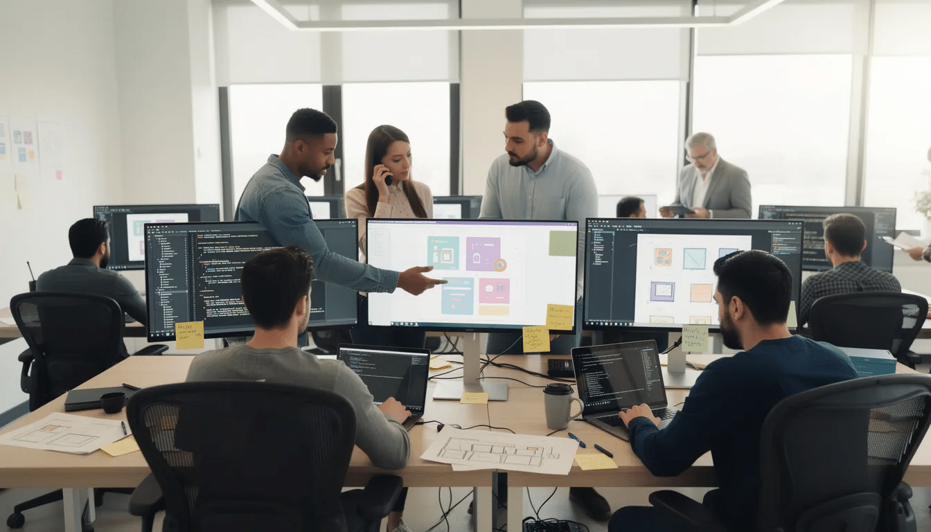 A modern office environment showcases a diverse team of web developers and designers collaborating around computer screens, engaged in the web development process. This dynamic setting reflects the innovative spirit of a Toronto web design company, as they work together to create beautiful websites and enhance digital marketing strategies.