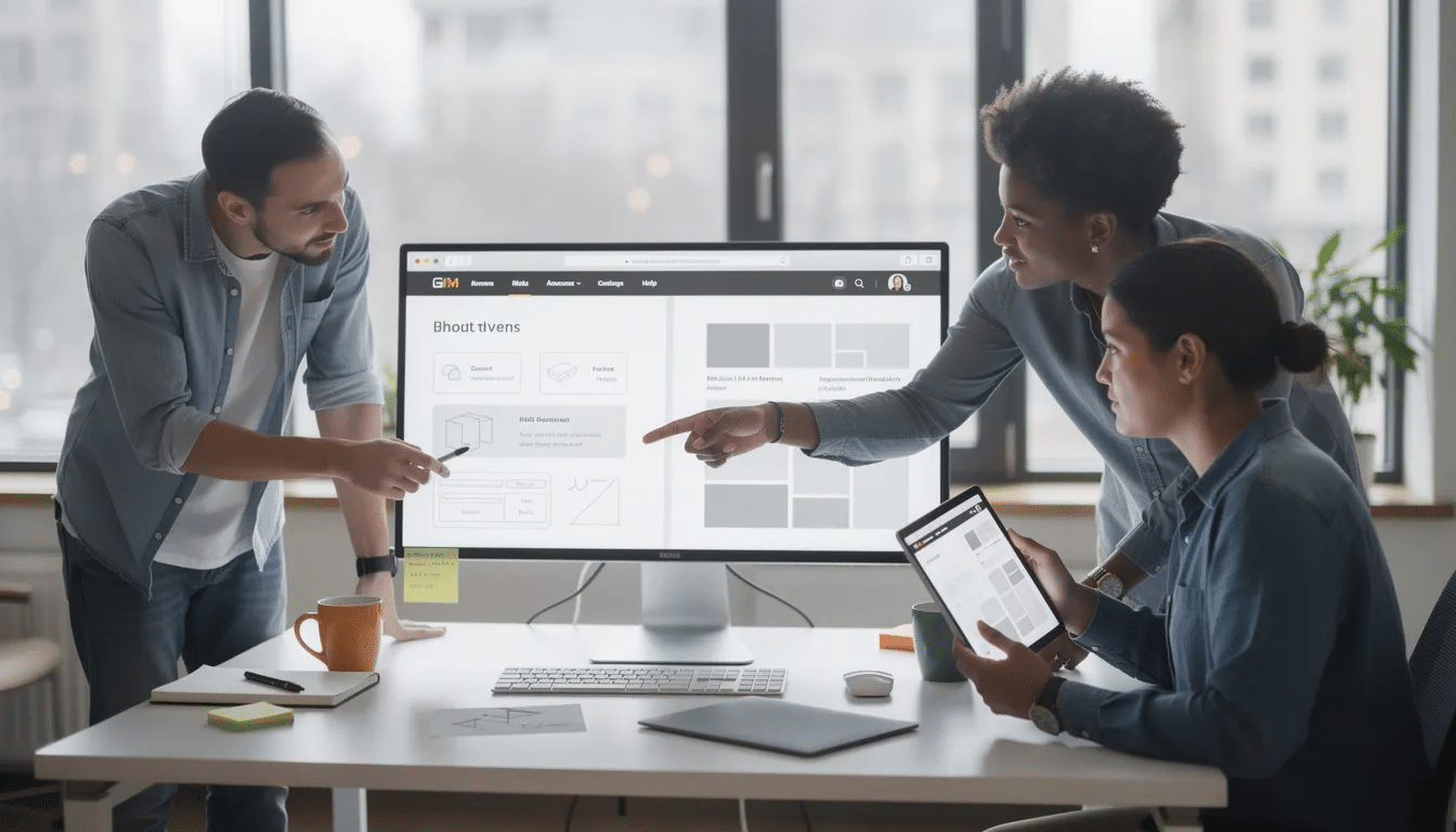 A team of professionals from a Toronto web design company is gathered around a large monitor, reviewing website wireframes and design mockups. They are discussing the web development process to create a seamless user experience for their new website project.