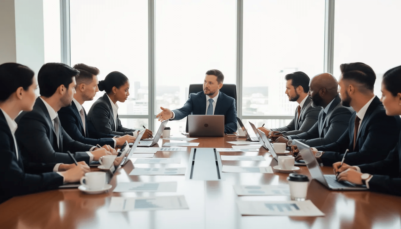 A professional business consultation meeting is taking place, featuring individuals gathered around a table with laptops and documents, discussing strategies related to web design and development. The atmosphere suggests a focus on creating effective marketing strategies and enhancing digital presence, typical of a Toronto web design company.