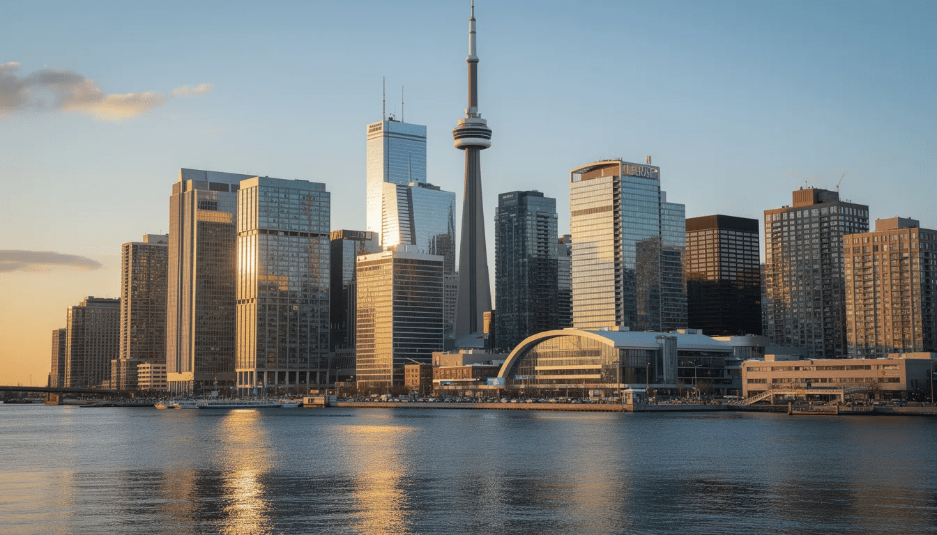 The image depicts the Toronto business district skyline, showcasing a variety of modern office buildings that reflect the city's vibrant atmosphere. This dynamic urban landscape emphasizes the importance of web design and development services for businesses looking to thrive in a competitive market.
