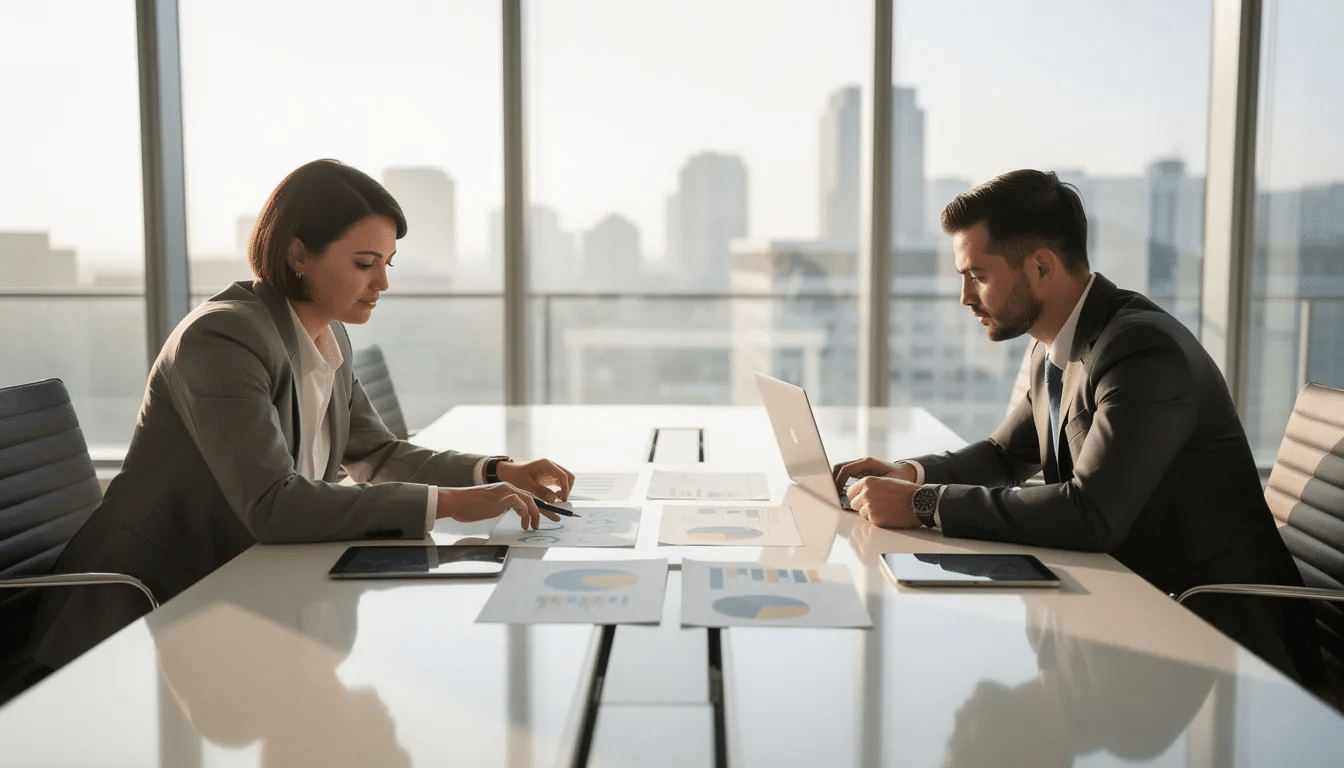 The image depicts a professional meeting at a modern conference table, where two individuals are engaged in reviewing documents, likely discussing web design services or digital marketing strategies. The contemporary setting suggests a focus on collaboration and innovation, essential for a Toronto web design company.