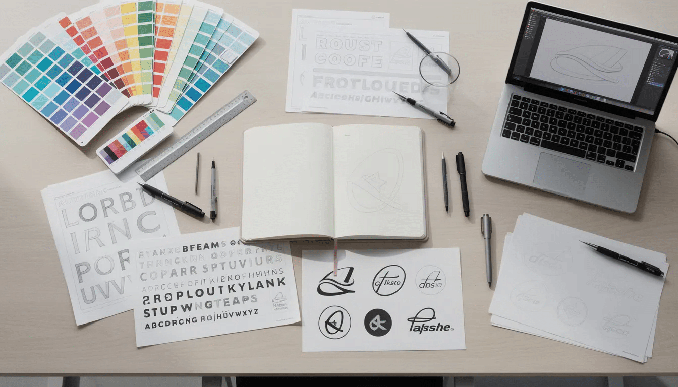 The image depicts a designer's desk filled with an array of color swatches, typography samples, and logo sketches, showcasing the creative process involved in graphic design and web design services. This vibrant workspace reflects the tools used by graphic designers and web developers to create visually appealing websites and branding solutions.