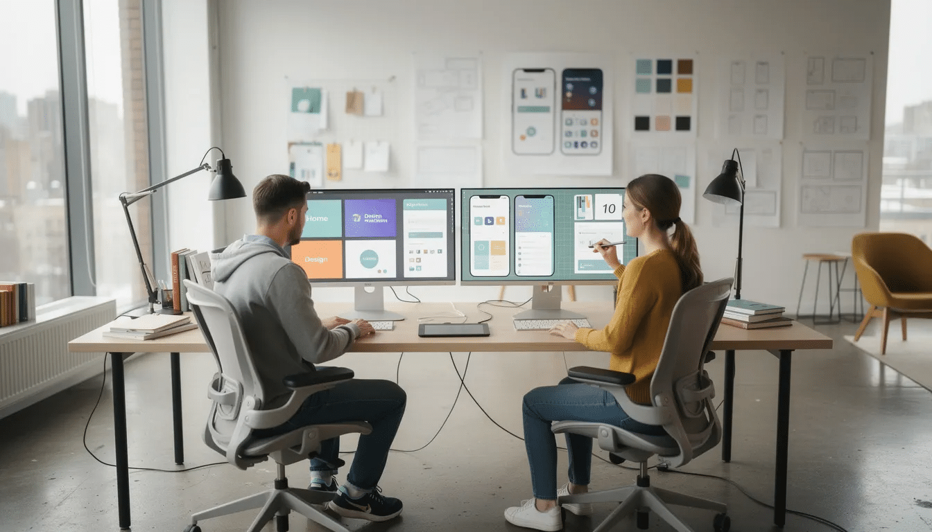 The image depicts a modern design studio workspace where two designers are collaborating, reviewing layouts on large monitors. This dynamic environment reflects the creative process of web design and digital marketing, showcasing the teamwork involved in creating beautiful websites and tailored strategies for clients.