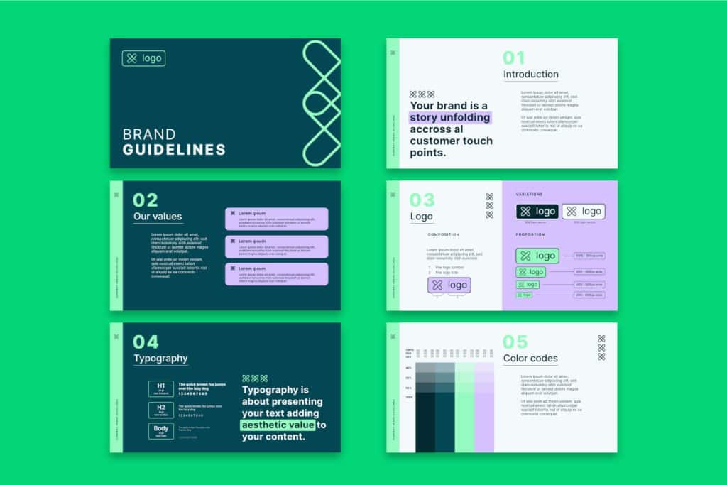 Brand guidelines with typography and color codes.