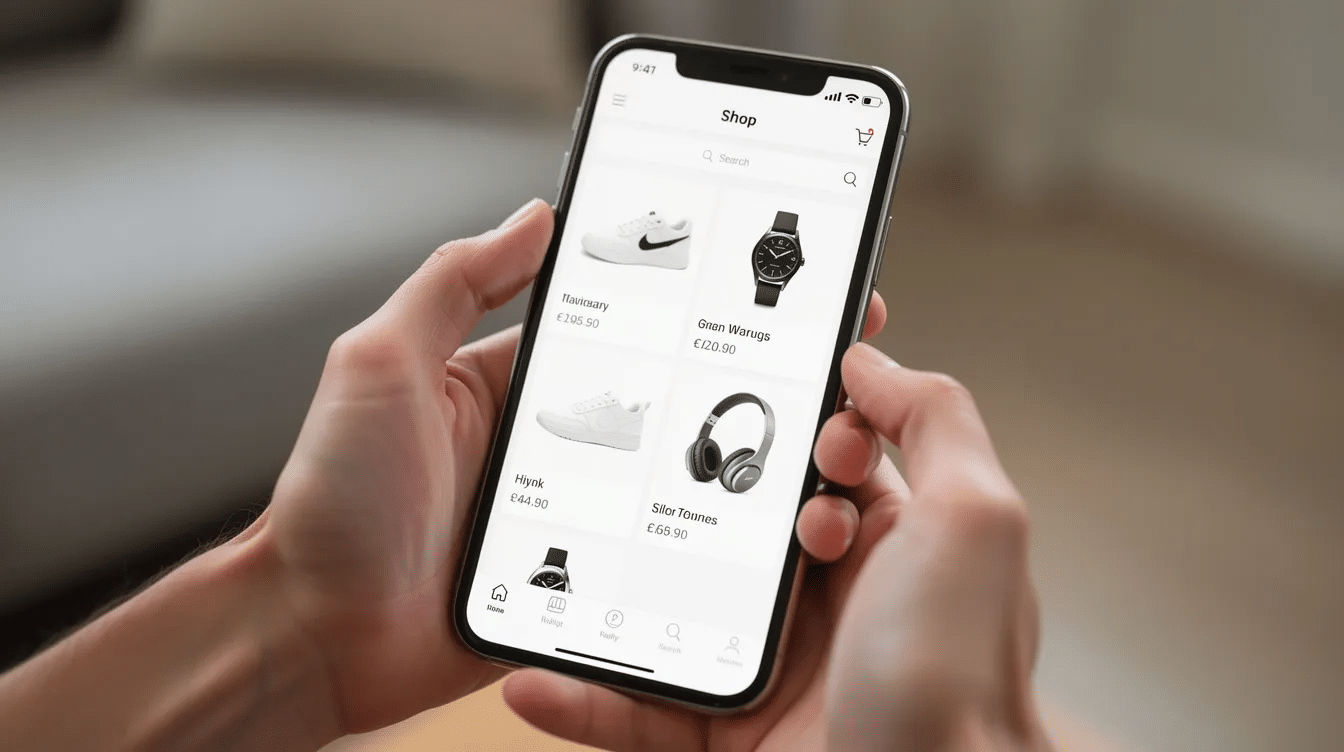 A close-up image shows hands holding a smartphone that displays high-quality product images on an e-commerce app, illustrating the user journey in mobile commerce. The design emphasizes minimalist aesthetics and visual hierarchy, enhancing the customer experience for online shopping.