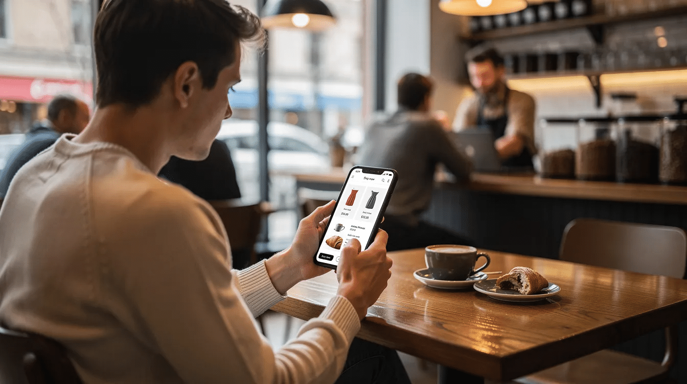 A person is sitting at a cafe, browsing an online store on their smartphone, engaged in mobile commerce. The scene captures the user journey as they navigate through product categories, highlighting the importance of responsive web design for an enhanced customer experience.