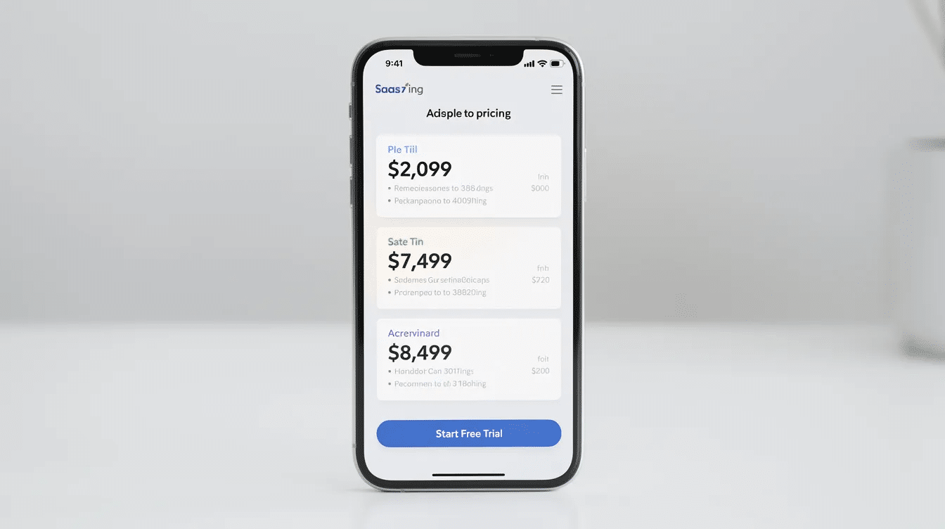 The image features a mobile device showcasing a responsive SaaS pricing table, designed with clear tier comparisons to help potential customers understand different plans. The layout emphasizes ample white space and bold typography, enhancing user experience while guiding visitors toward a prominent call to action.