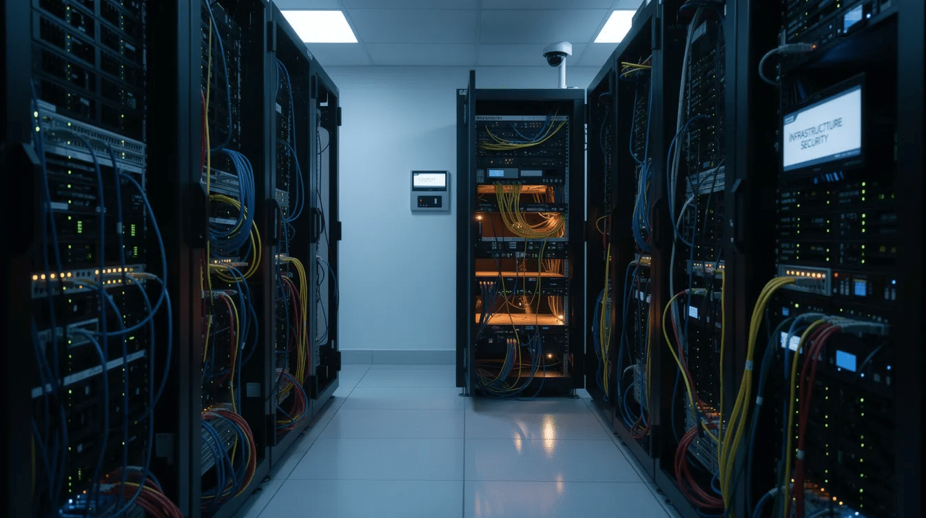 The image depicts a server room filled with blinking lights and tangled network cables, showcasing the critical infrastructure for ensuring security in e-commerce sites. This environment emphasizes the importance of robust web design and user experience, essential for maintaining brand reputation and customer trust in online shopping.