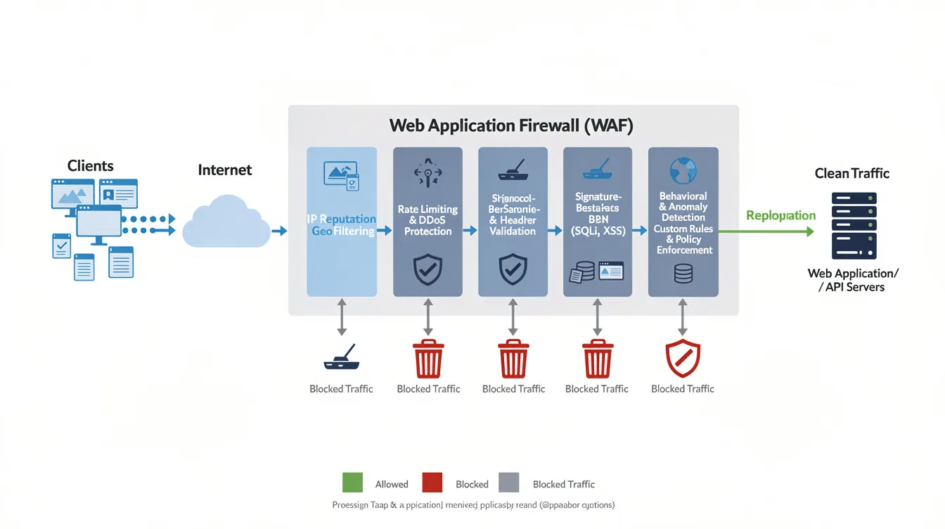 The diagram illustrates the traffic flow through a web application firewall, highlighting various filtering stages that ensure secure data transmission. It visually represents how a SaaS website manages incoming traffic, enhancing user communication and improving conversion rates through effective security measures.