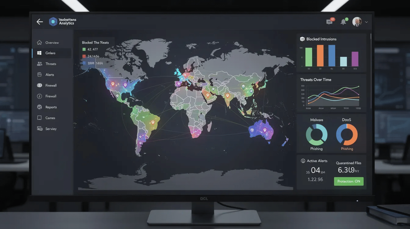 The image depicts a modern security dashboard interface featuring clean data visualizations that highlight threat blocking metrics. The intuitive interface utilizes ample white space and bold typography to enhance user experience, making it easy for potential customers to navigate key features and understand the value proposition of the SaaS company.