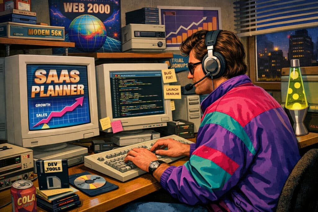 Retro programmer coding SaaS app on CRT computer