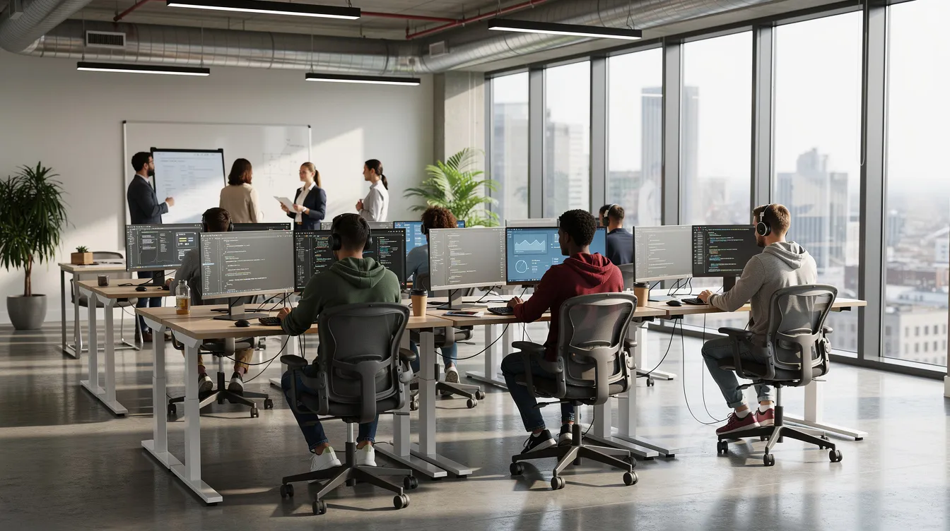 The image depicts a modern open-concept office where web developers are engaged in their work at standing desks, utilizing multiple monitors to enhance productivity on various web development projects. The environment reflects a collaborative atmosphere, essential for a web development agency focused on delivering high-quality web applications and services.