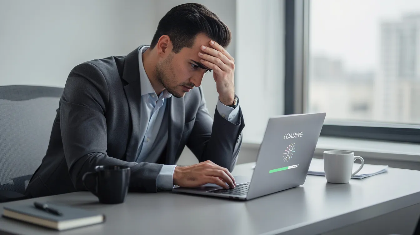 The image depicts a frustrated business person staring at a laptop screen, which displays a slow-loading website, highlighting the importance of custom website development for small business owners to achieve a high-performing site that meets their business needs. The individual appears stressed, indicating the challenges of using many website builders without the necessary technical skills or custom features.