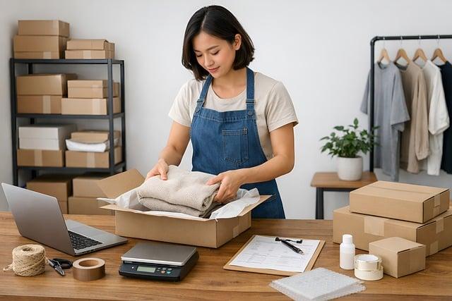 Woman packing clothing into shipping box at desk