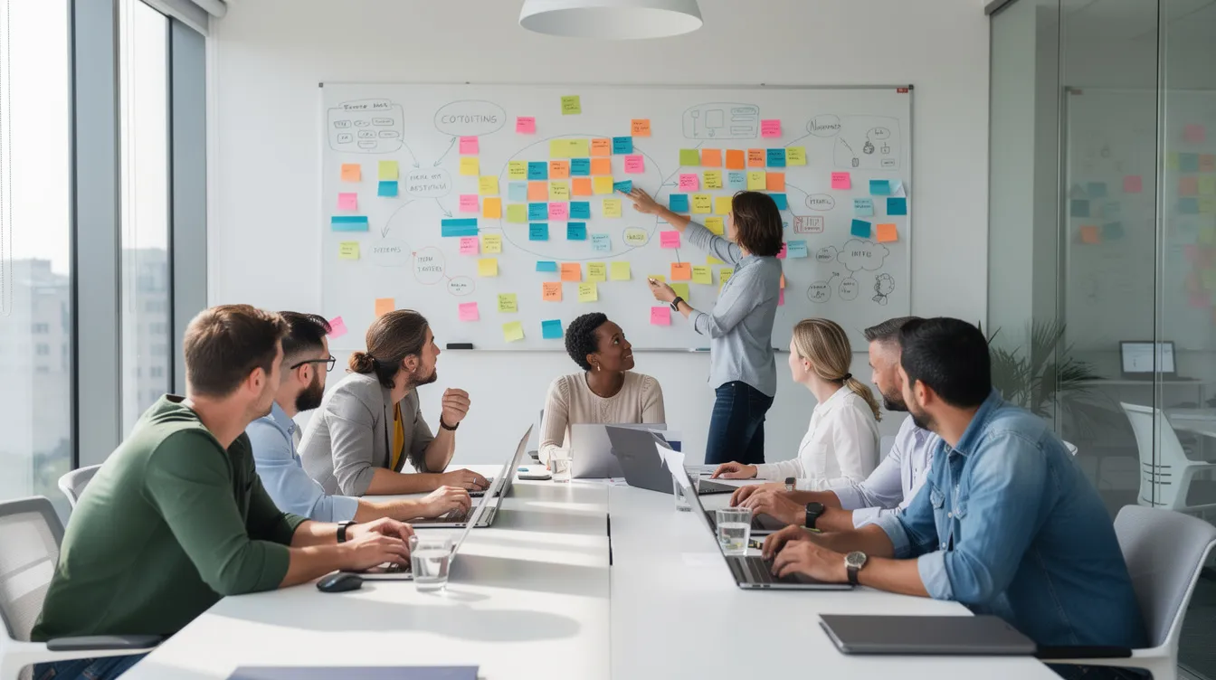 The image shows a diverse team engaged in a planning meeting, gathered around a whiteboard filled with sticky notes, brainstorming ideas for a custom website development project. They appear focused and collaborative, discussing how to incorporate unique features and improve their digital presence to meet their business goals.