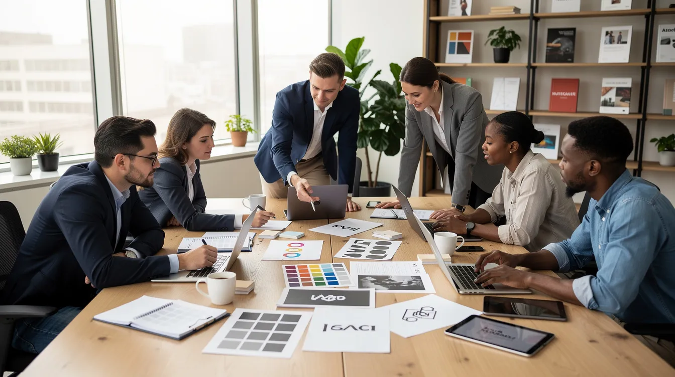 A professional design team collaborates around a large table, surrounded by mood boards and brand materials that reflect their branding expertise and strategic insight. This scene captures the essence of a branding agency focused on developing innovative solutions for brand identity and marketing strategies.