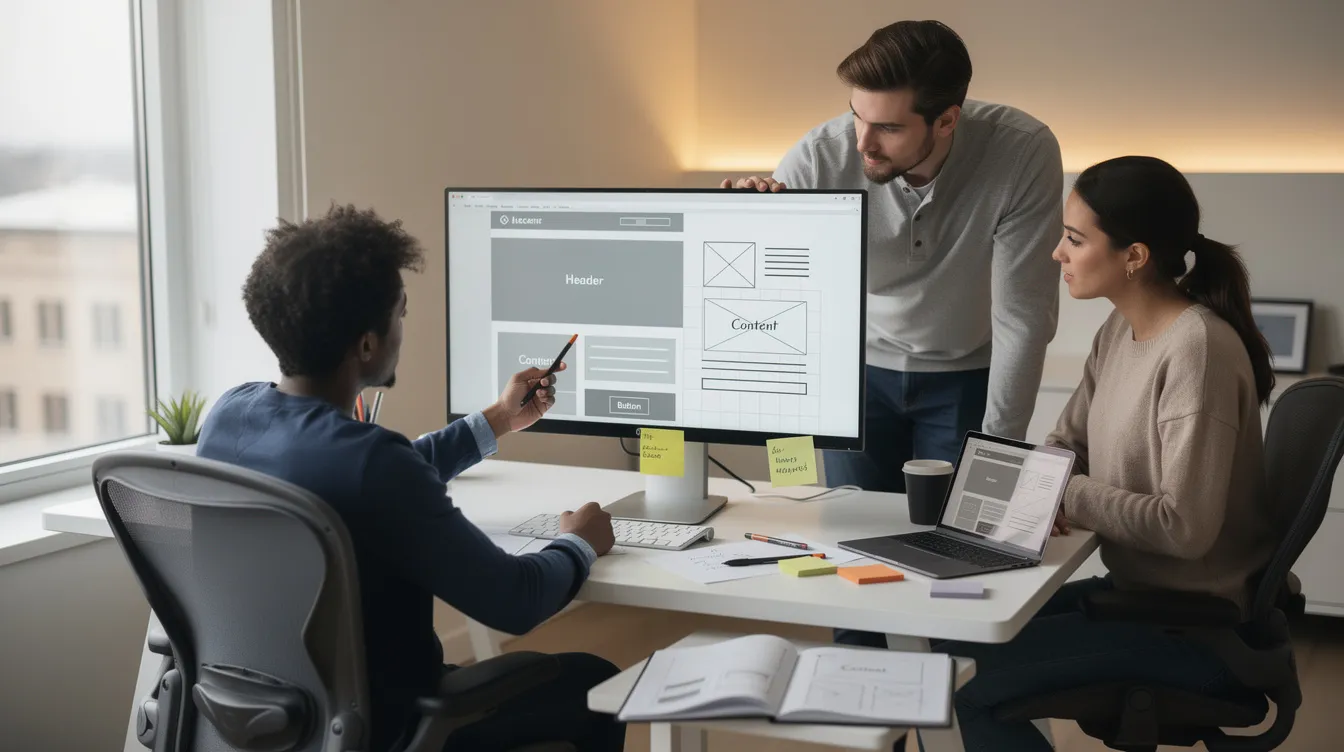 A group of web designers collaborates around a large monitor showcasing website wireframes, emphasizing the importance of teamwork in a web design project. This scene highlights the innovative solutions and tailored services offered by a reputable web design company, focusing on creating visually appealing websites that enhance user experience.