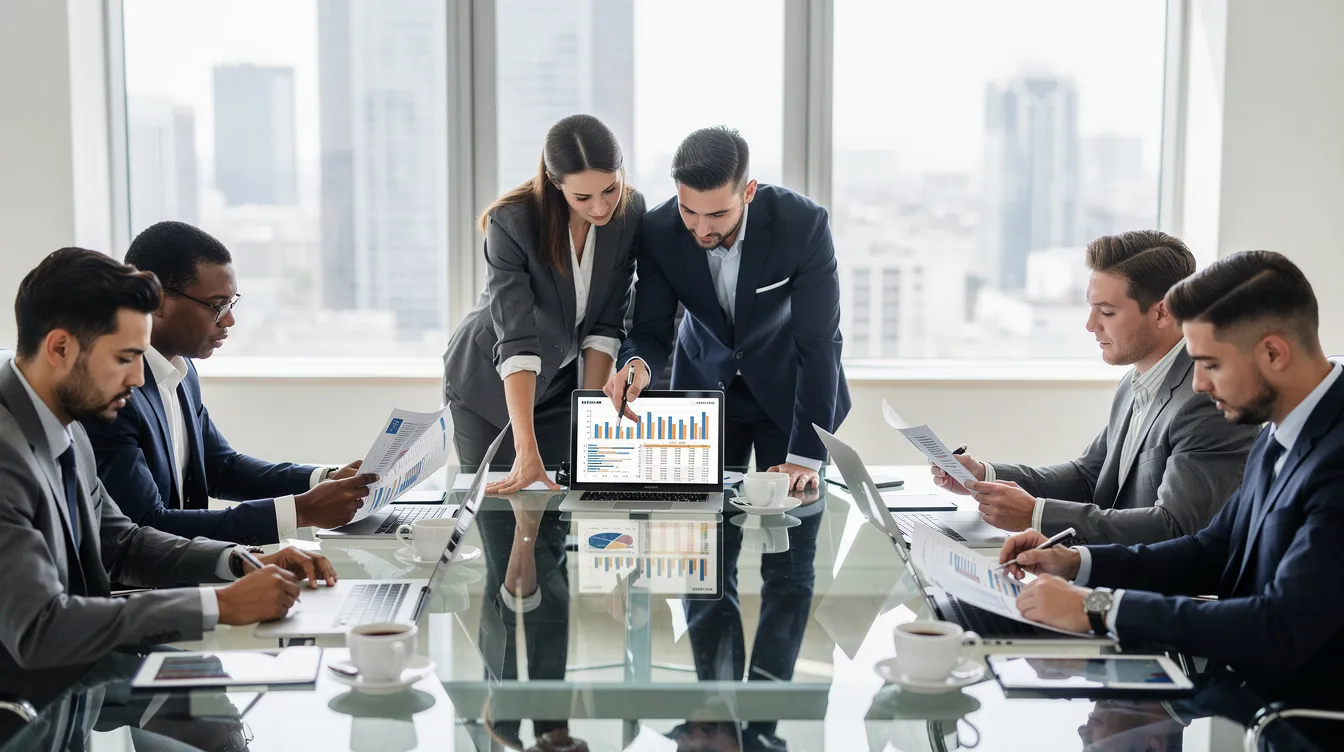 A group of business professionals is gathered around a conference table, intently reviewing documents and comparing spreadsheets related to a website development project. They are discussing project requirements, costs, and the potential for future ongoing relations as they evaluate web design proposals.