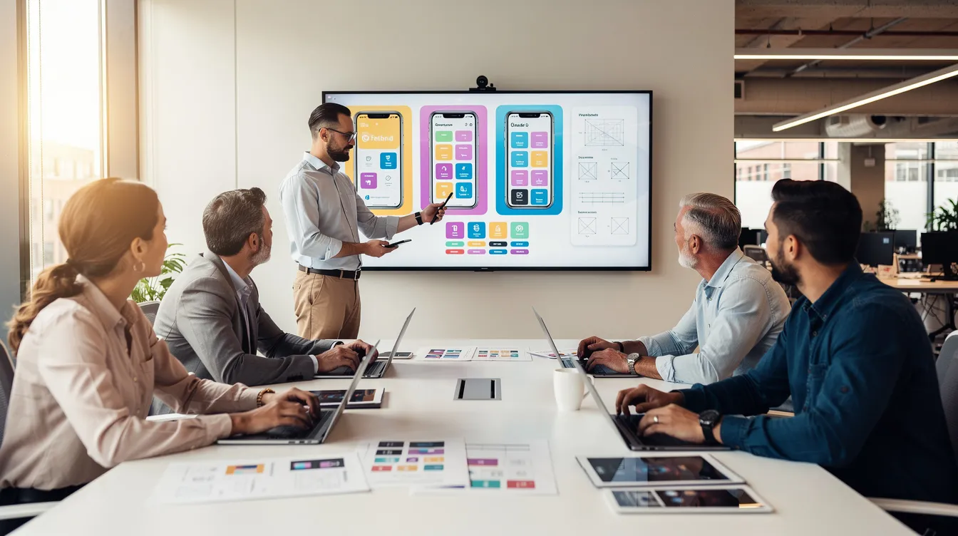 A diverse web development team is gathered around a conference table, actively discussing design mockups displayed on a large screen. This collaborative environment highlights their technical expertise and strategic planning as they work on a web development project for a client.