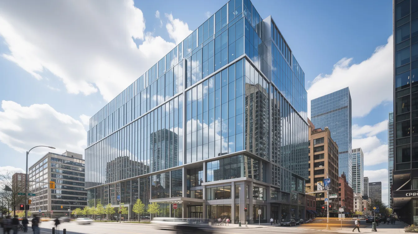 A modern office building in downtown Toronto features a sleek glass facade that reflects the clouds above, showcasing a contemporary architectural design. This structure exemplifies the innovative spirit of the city, akin to the work of a top web design agency that focuses on creating visually stunning websites and delivering tailored solutions for business growth.