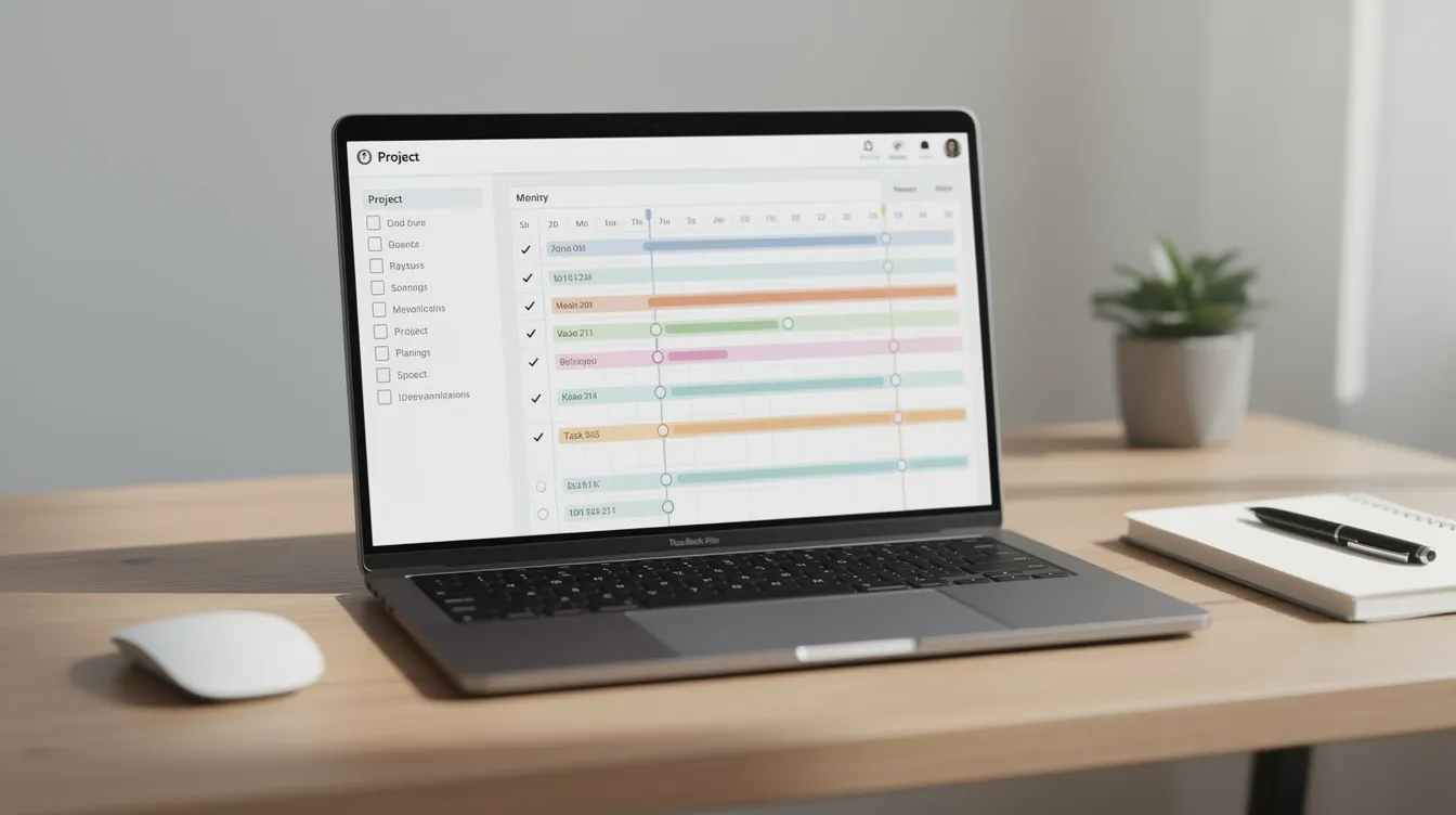 The image depicts a laptop on a desk displaying a project planning interface for a website development project, featuring checkboxes and a timeline to track the project's scope and progress. This visual illustrates the organized design process that web developers and designers use to ensure a successful website creation.