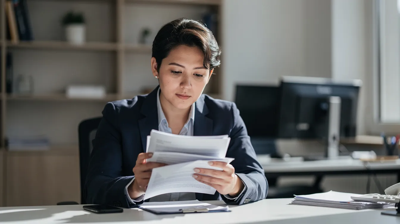 A person sits at a desk reviewing paperwork with a thoughtful expression, likely evaluating the details of a web development project or website design proposal. The scene conveys a sense of focus and consideration, essential for understanding project requirements and costs associated with creating a successful website.
