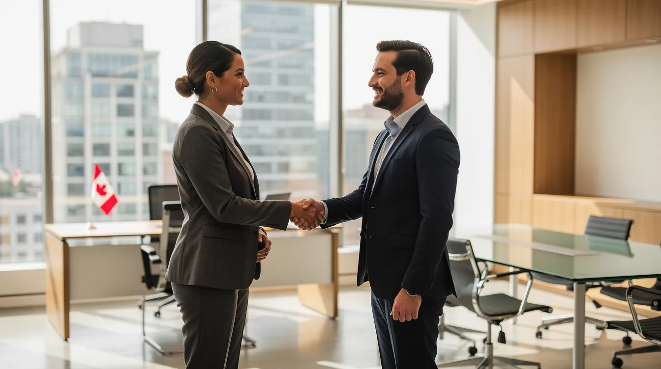 In a modern Canadian office, two professionals are shaking hands, symbolizing collaboration and partnership. This scene reflects the dynamic environment of a reputable web design agency, where business relationships are built around delivering tailored solutions for web design and development projects.