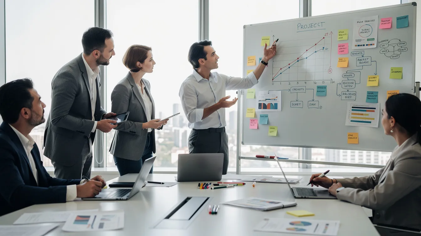The image shows a group of professionals engaged in a discussion at a whiteboard filled with charts and planning materials related to a website development project. They are collaborating on project requirements and strategies for creating a successful website that meets the needs of their target audience.