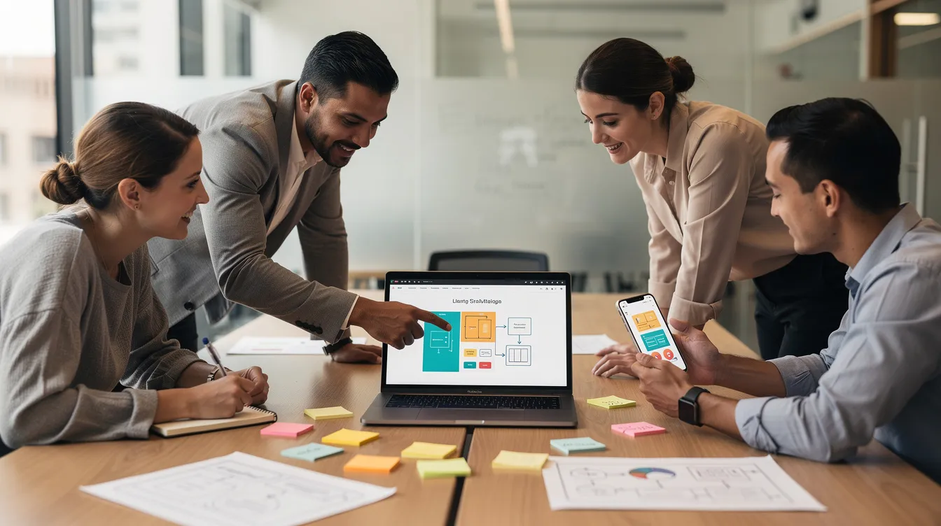 A diverse business team collaborates around a laptop, reviewing website design mockups that showcase a custom website tailored to their business needs. They discuss various aspects of web development, including site structure and custom features, to enhance their digital presence and improve search engine rankings.