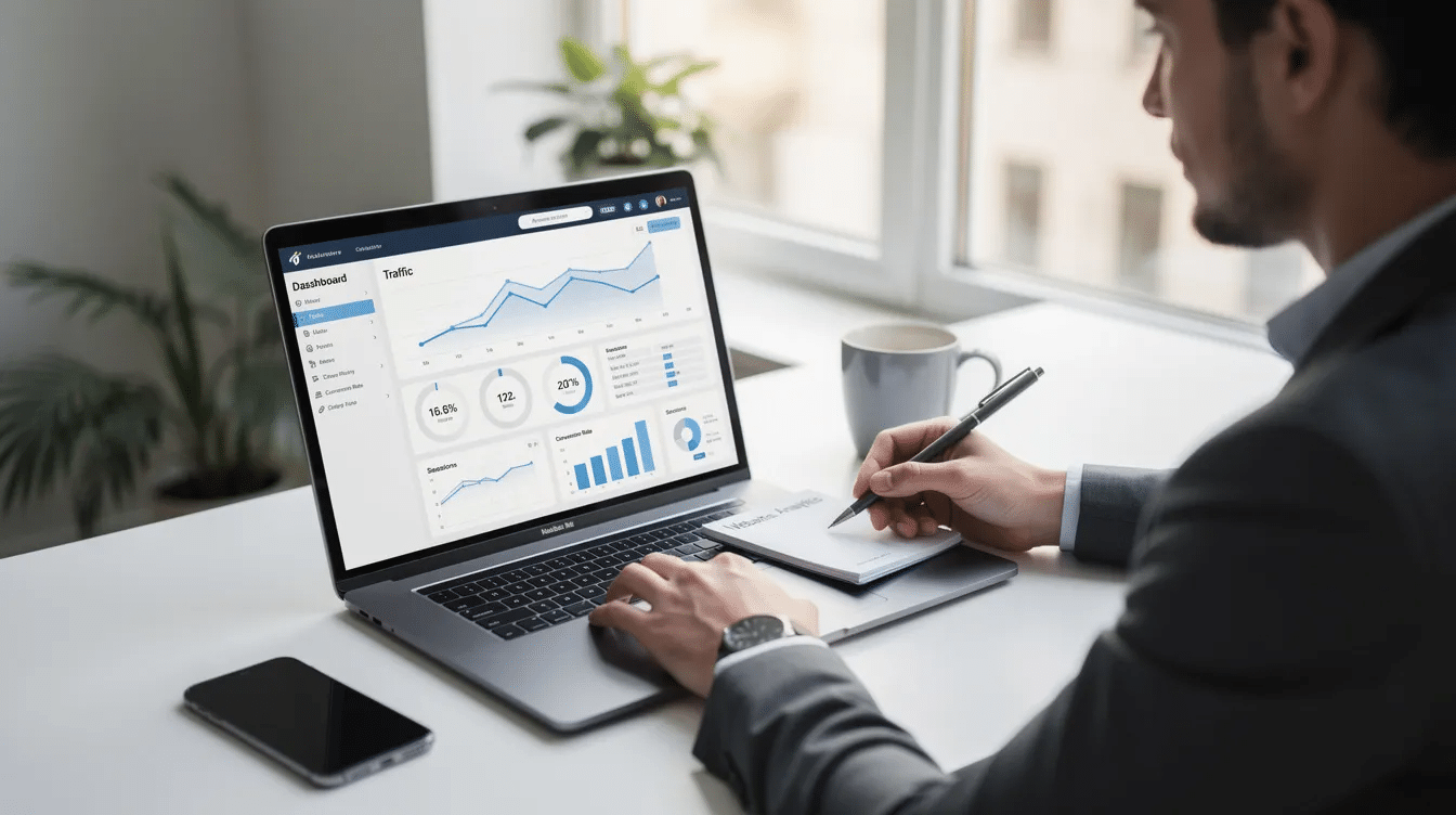 A professional sits at a modern workspace, intently reviewing website analytics on a laptop, highlighting their focus on web design services and digital marketing strategies to enhance user engagement and meet business goals. The clean, organized environment reflects the technical expertise required in the web design industry.