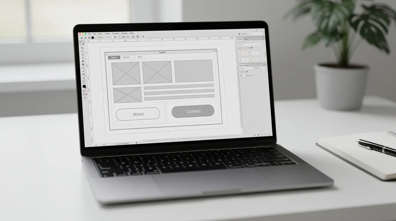 The image shows a laptop screen featuring a website design mockup, with visible wireframe elements that illustrate the layout and structure of a web development project. This visual representation highlights the technical expertise and strategic planning involved in creating a custom website for businesses.