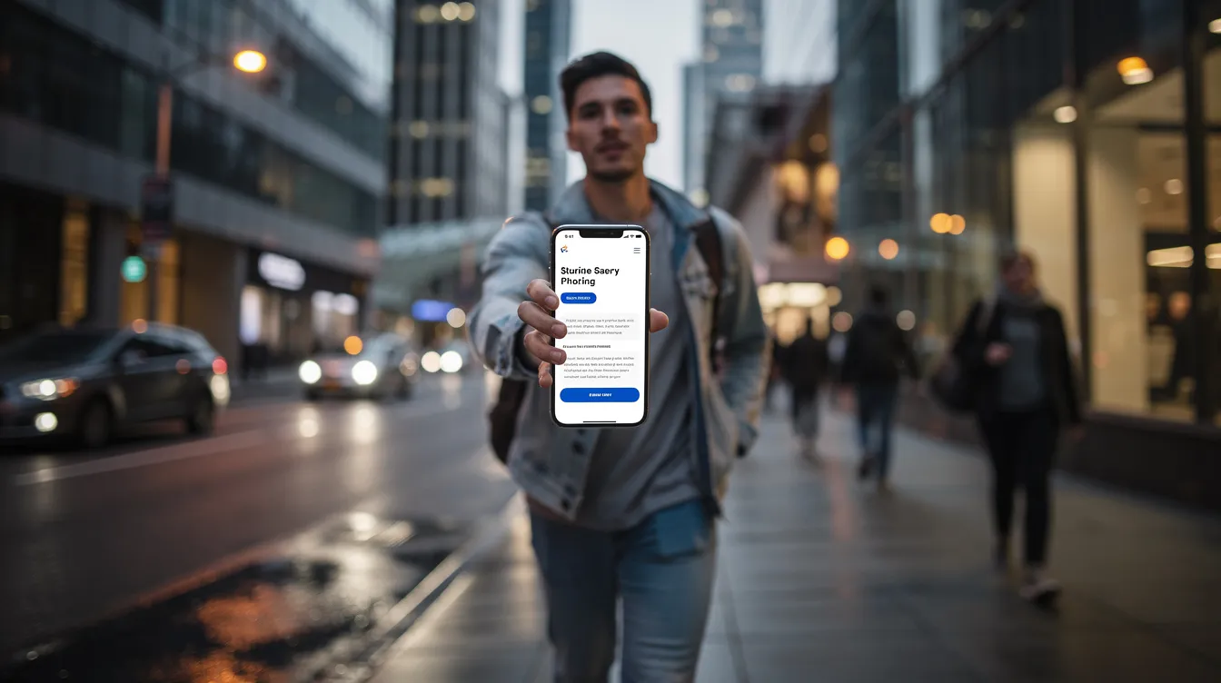 A person is walking in an urban setting while holding a smartphone, browsing a fast-loading mobile website that showcases effective web development services. The scene highlights the importance of user engagement and mobile optimization in modern web design for Canadian businesses.