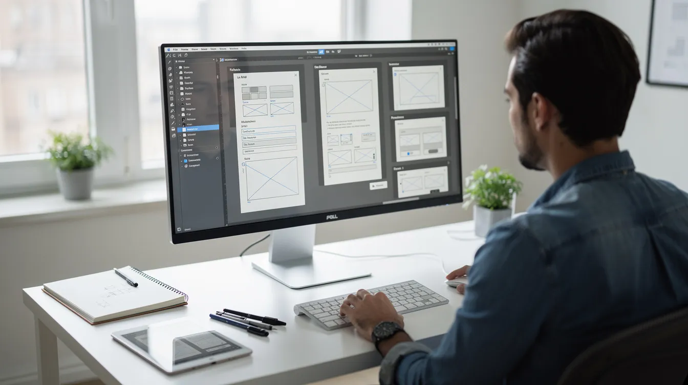 A clean and modern workspace features a designer intently reviewing wireframes displayed on a large monitor, showcasing the collaborative approach of a branding agency focused on innovative solutions for brand identity design services. The environment reflects a commitment to strategic thinking and exceptional results in digital marketing and web development.