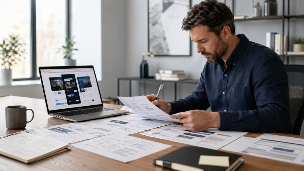 Man reviewing web design quotes at desk with laptop