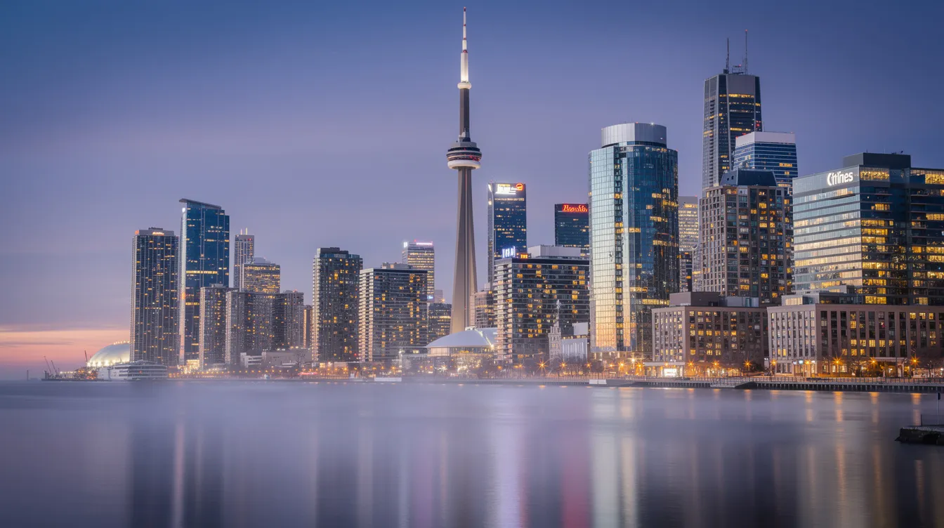 The image depicts the Toronto skyline at dusk, showcasing modern office buildings that reflect the vibrant city lights, symbolizing the innovative approach and branding expertise of a full-service branding agency. The scene captures the essence of urban life and business growth, highlighting the importance of brand visibility in a bustling metropolis.