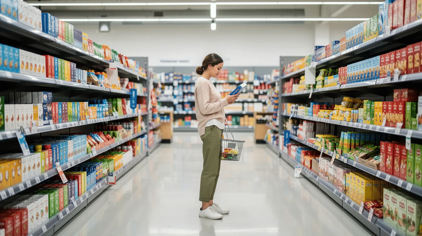 The image shows the interior of a retail store with neatly arranged products on shelves, while a customer browses through the items. This vibrant setting reflects a welcoming atmosphere, ideal for enhancing user experience and driving customer satisfaction in retail environments.