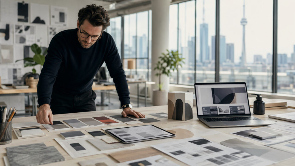 Designer reviewing material samples in modern office