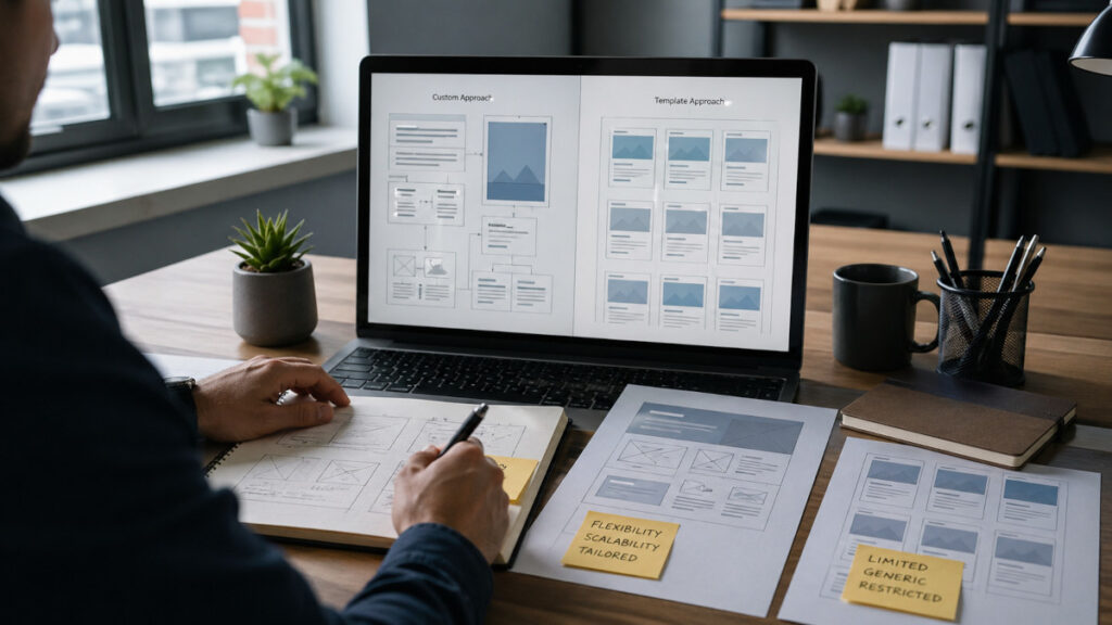 Designer comparing custom and template website layouts