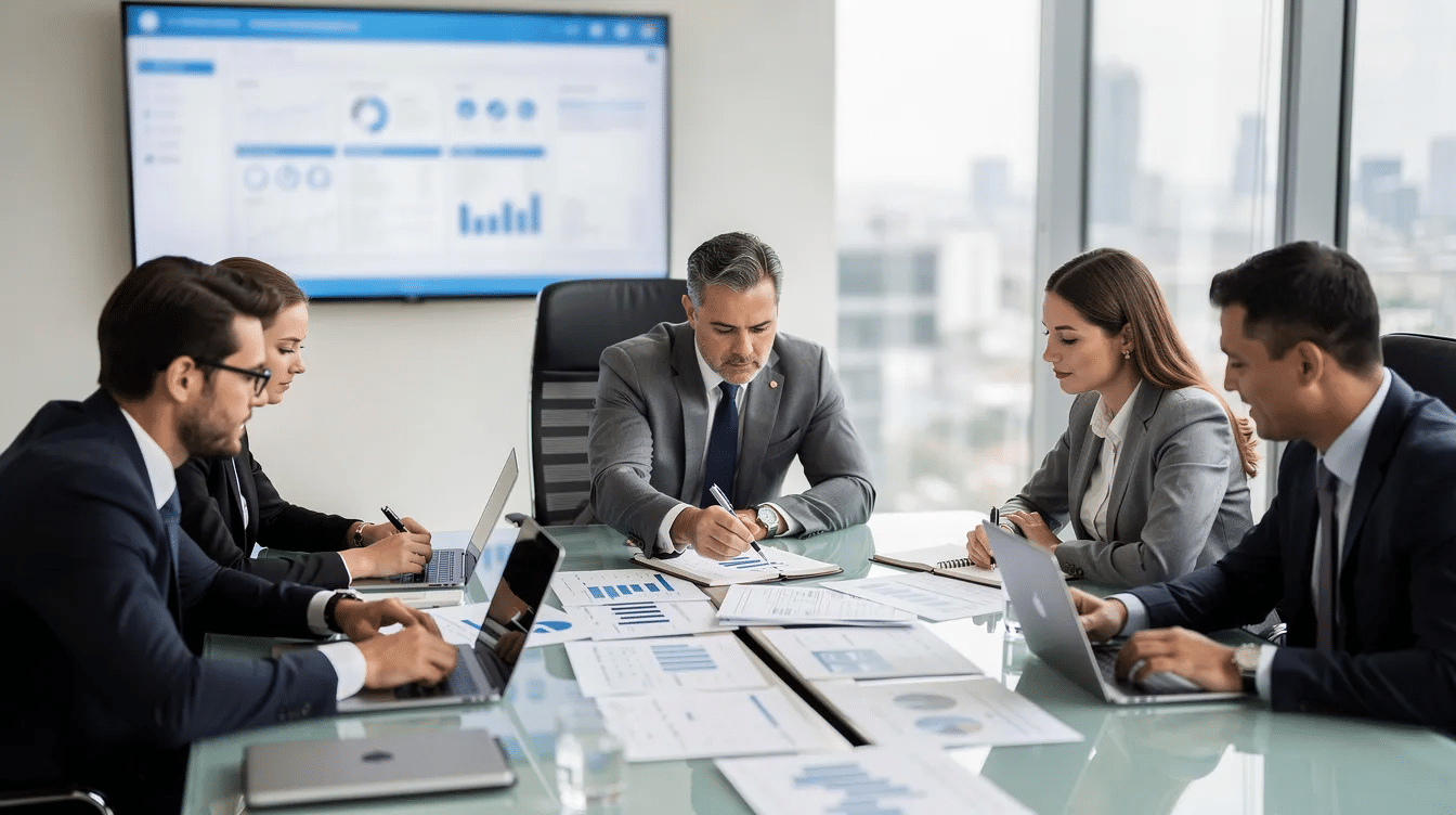 A group of business professionals is gathered in a modern meeting room, reviewing documents and discussing their marketing strategy and web design project. They appear focused and engaged, collaborating on plans that may involve web development services and digital marketing to achieve their business goals.