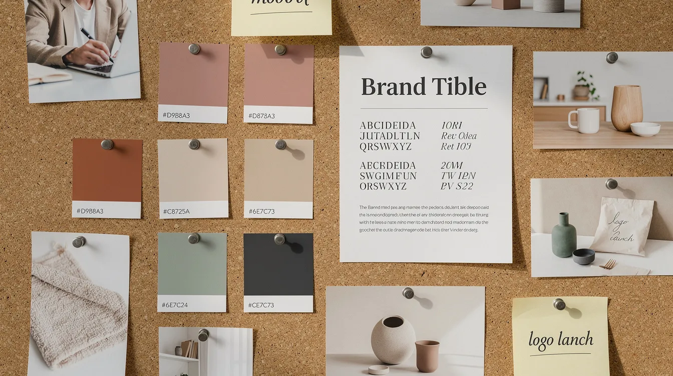 The image features a mood board showcasing an array of color swatches, typography samples, and brand imagery pinned to a cork board, reflecting the creative process of a branding agency. This visual identity collage highlights the brand's essence and serves as a foundation for developing tailored strategies in brand identity design services.