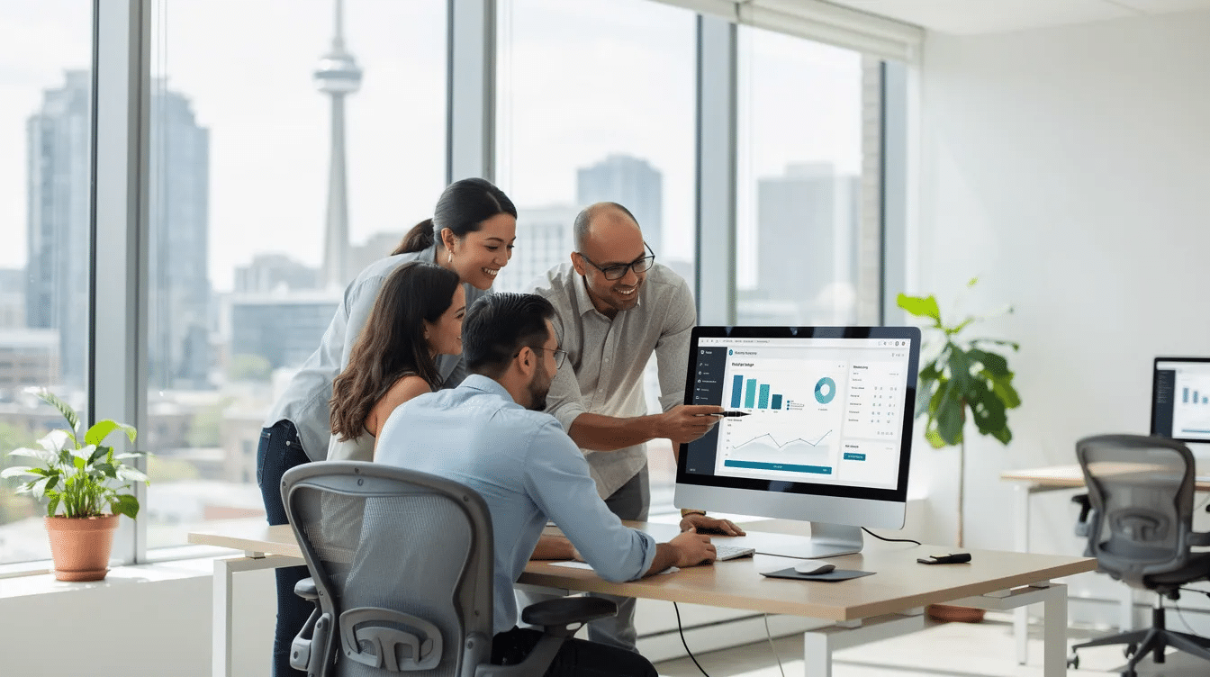 The image depicts a modern office in Toronto where professionals are collaborating around a computer screen, discussing a web design project. The atmosphere reflects teamwork and creativity, essential for effective web development and digital marketing strategies.