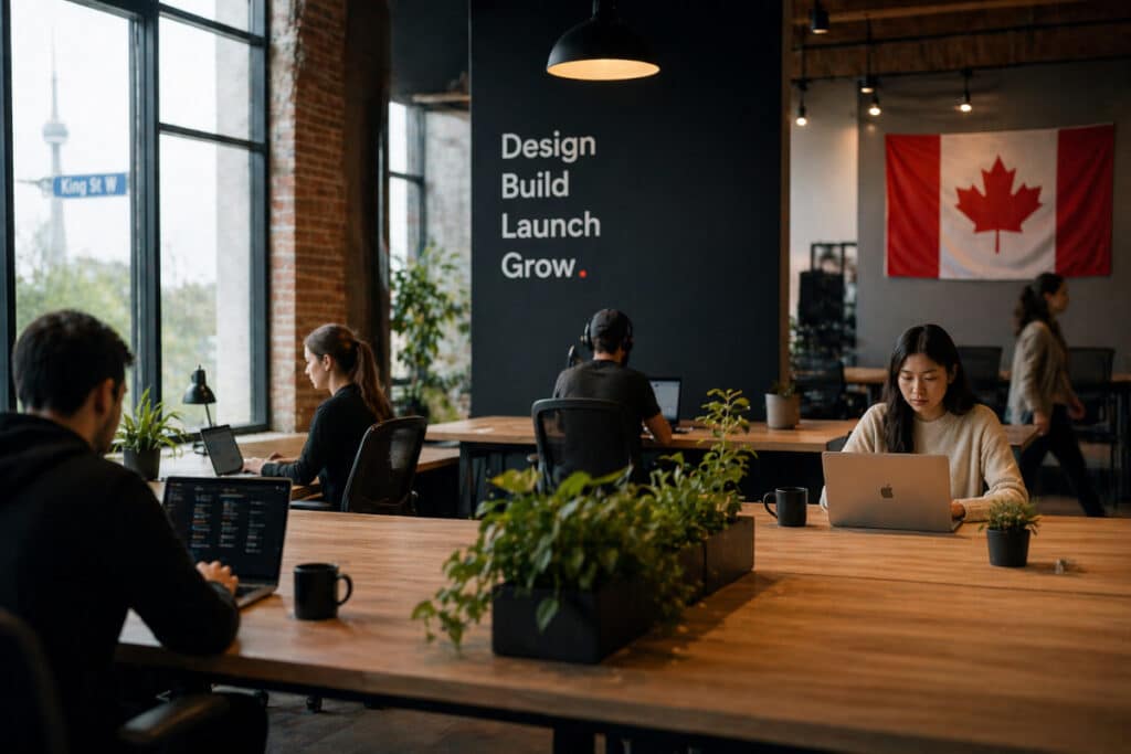 Modern coworking office with Canadian flag and laptops