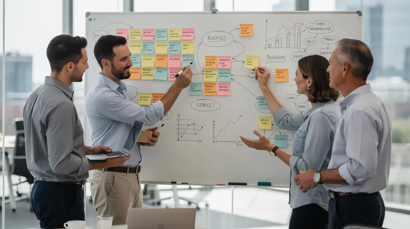 A group of professionals is collaborating around a whiteboard filled with colorful sticky notes and diagrams, discussing ideas for a web design project. This scene captures the creative process typical of a Toronto web design company, showcasing teamwork and innovative solutions in web development.