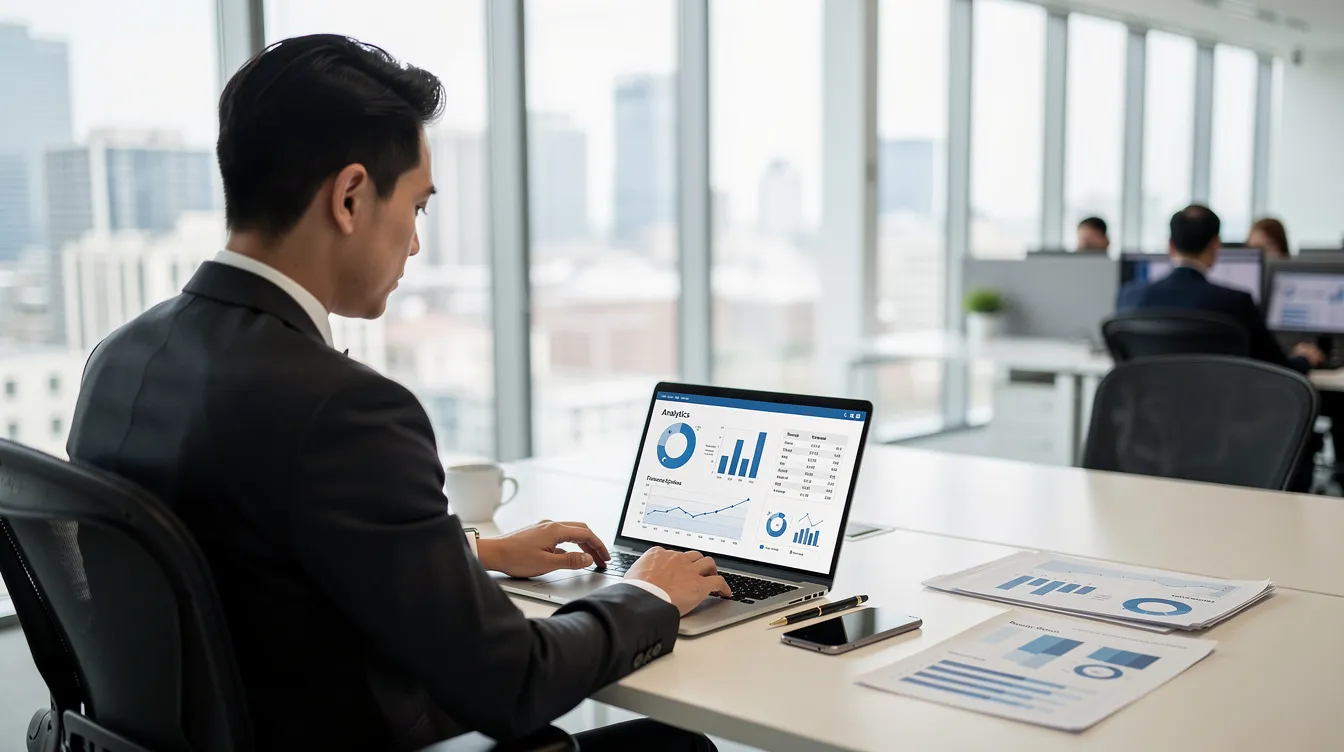 A business professional is seated at a desk in a bright office, intently reviewing analytics data on a laptop. The environment suggests a focus on web development and digital marketing strategies, highlighting the importance of data analysis in achieving business goals.